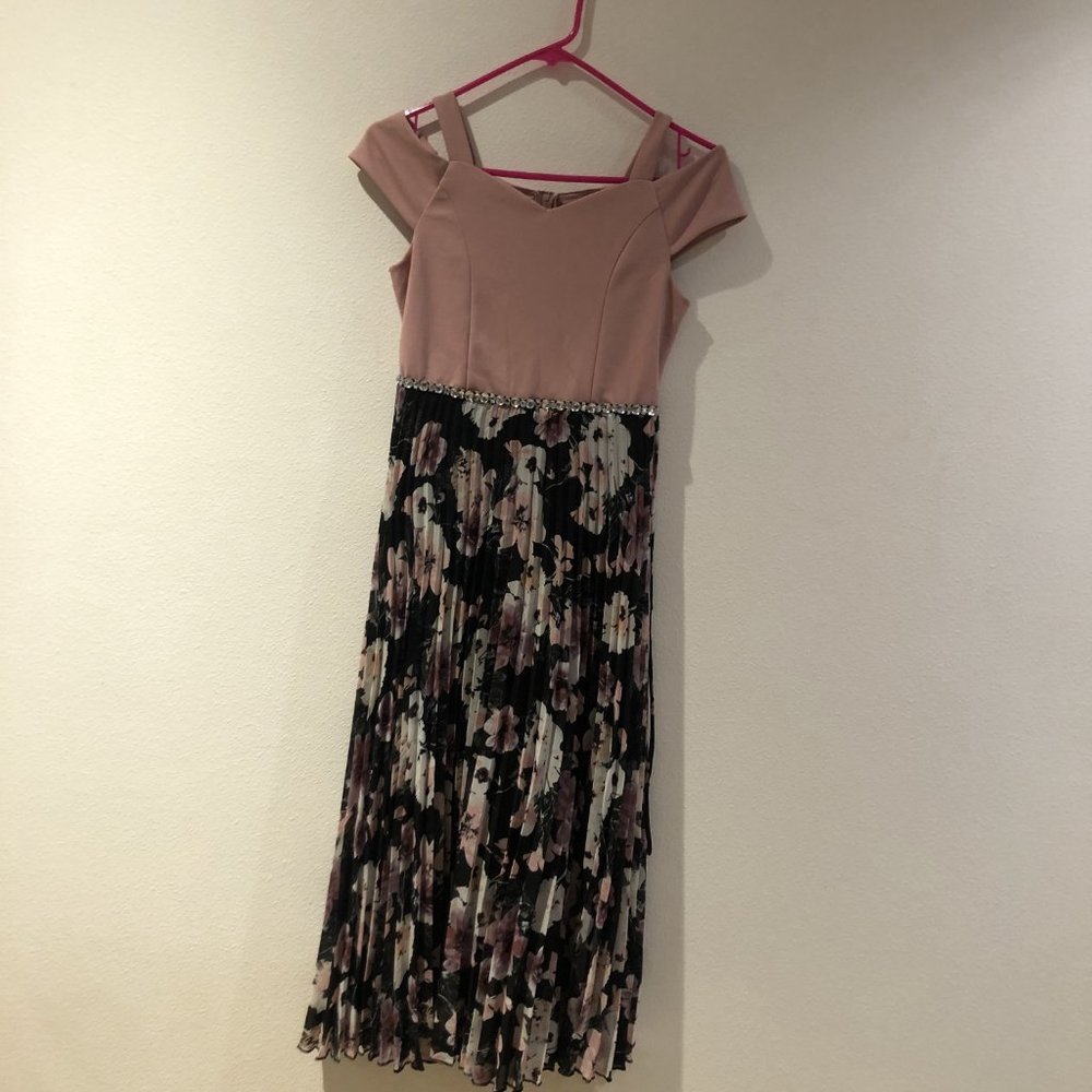 Kids Pink and Black Floral Dress with Rhinestones